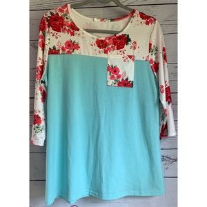 White/Teal Block Quarter Sleeves w/Roses Top